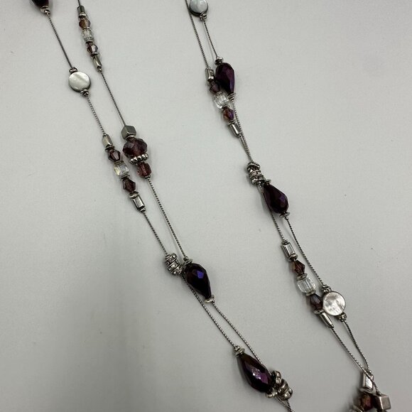 Long Necklace Purple Beads Glass Mother of Pearl Silver Tone Chain Layered - Picture 7 of 15